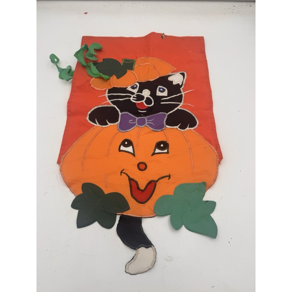 Vintage Halloween Black Cat Pumpkin Windsock Flag Applique 3D Yard Decor 30"